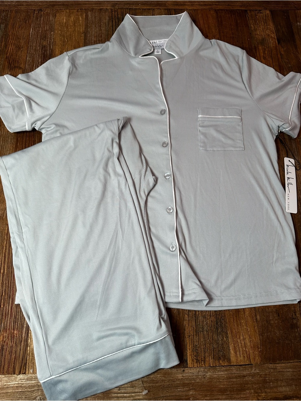 Nicole Miller Light Gray Short-Sleeve Pajama Set with White Piping
